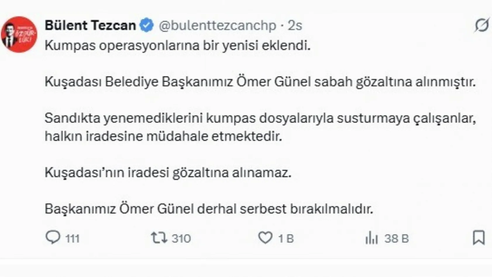Kuşadası Belediye Başkanı Ömer Günel'in gözaltına alınmasına CHP'li vekillerden tepki