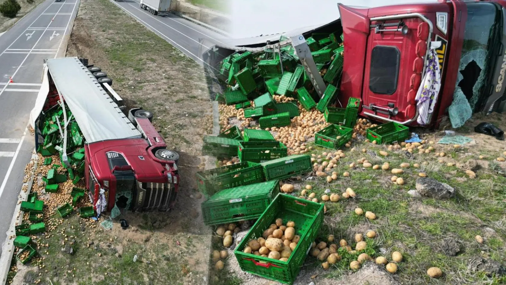 Patates yüklü tır devrildiği kazada 3 kişi yaralandı