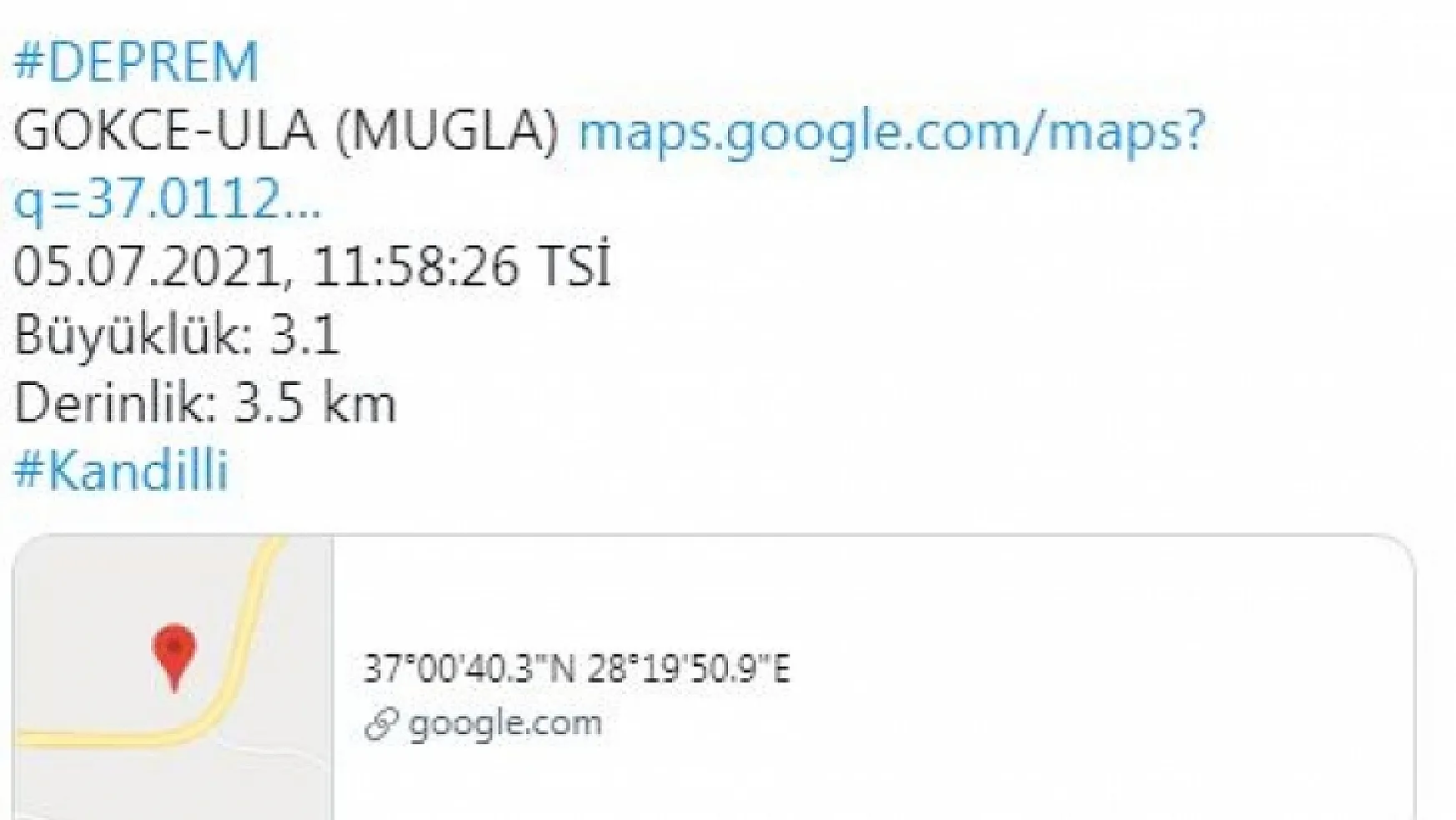 Muğla'da 3.1 büyüklüğünde deprem meydana geldi