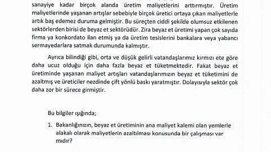 İYİ Partili Ergun'dan beyaz et sektörünün sıkıntıları için soru önergesi