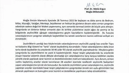Milletvekili Metin Ergun'dan bir soru önergesi de zeytinciler için