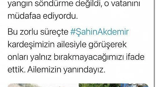 Bakan Yanık'tan, Marmaris yangınında vefat eden Şahin Akdemir'in ailesine başsağlığı telefonu