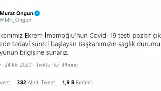 İBB BAŞKANI EKREM İMAMOĞLU'NUN KORONAVİRÜS TESTİ POZİTİF ÇIKTI!