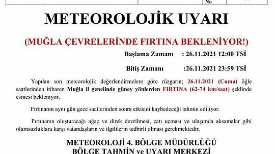 Fethiye ve çevresinde fırtına uyarısı