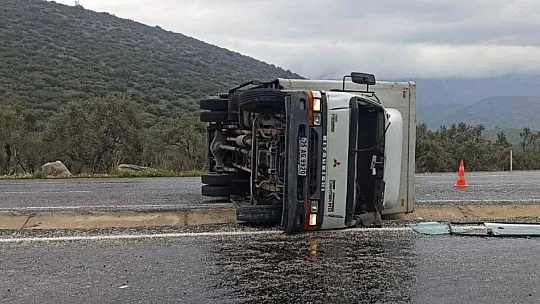 Kontrolden çıkan kamyon yola devrildi