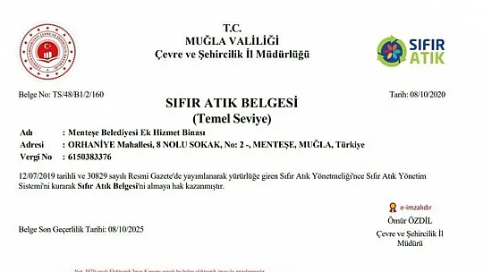 Menteşe Belediyesi'ne 'Sıfır Atık' Belgesi