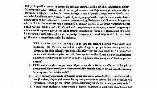 CHP'li Özcan'dan Tarım ve Orman Bakanına orman yangınları ile ilgili 41 soru