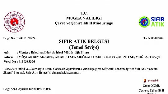 Menteşe Belediyesine Sıfır Atık Belgesi