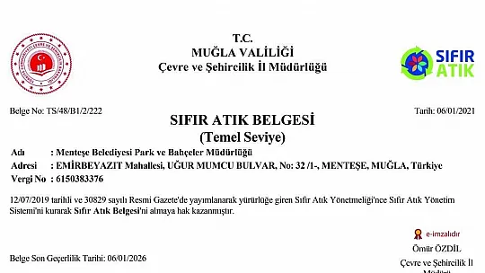 Menteşe Belediyesine Sıfır Atık Belgesi