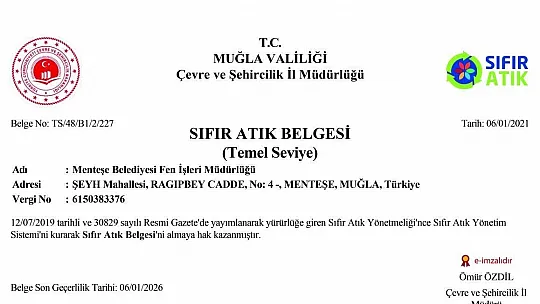 Menteşe Belediyesine Sıfır Atık Belgesi