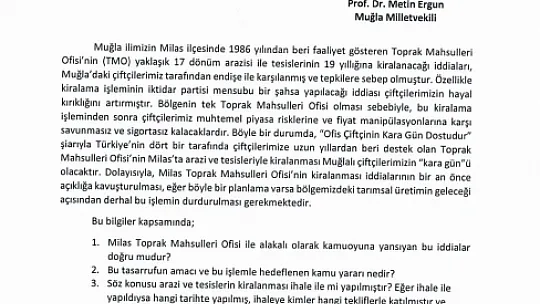 Milletvekili Ergun'dan Milas Toprak Mahsullerine İlişkin Soru Önergesi