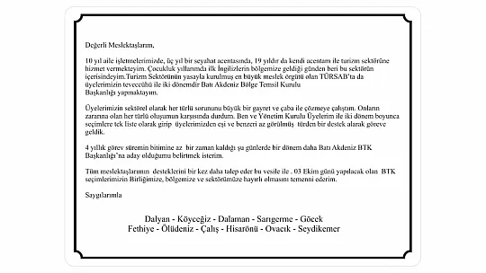 TÜRSAB BTK SEÇİMLERİ 3 EKİM'DE, FETHİYE KÜLTÜR MERKEZİ'NDE
