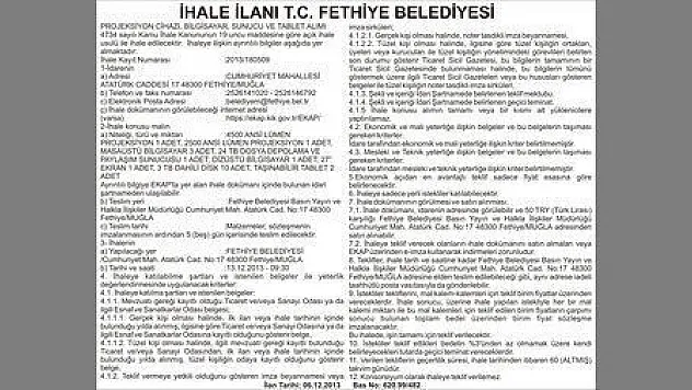 İHALE İLANI T.C FETHİYE BELEDİYESİ