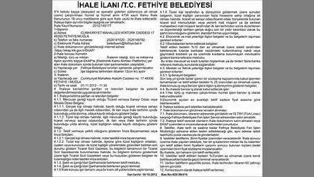 İHALE İLANI /T.C. FETHİYE BELEDİYESİ