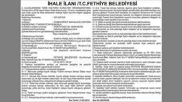 İHALE İLANI T.C.FETHİYE BELEDİYESİ