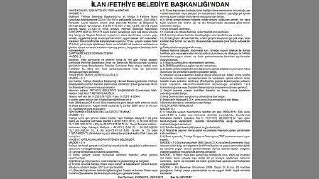 İLAN FETHİYE BELEDİYE BAŞKANLIĞI'NDAN