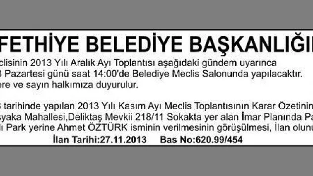 İLAN FETHİYE BELEDİYE BAŞKANLIĞI'NDAN