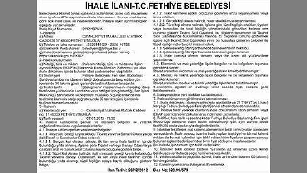 İHALE İLANI T.C.FETHİYE BELEDİYESİ