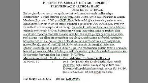 T.C FETHİYE  MUĞLA 2. İCRA MÜDÜRLÜĞÜ TAŞINIRIN AÇIK ARTIRMA İLANI