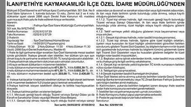 FETHİYE KAYMAKAMLIĞI İLÇE ÖZEL İDARE MÜDÜRLÜĞÜ'NDEN