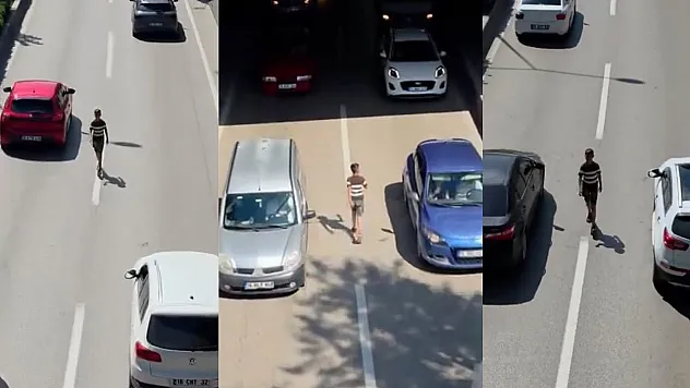 Canını hiçe sayarak akan trafikte böyle yürüdü