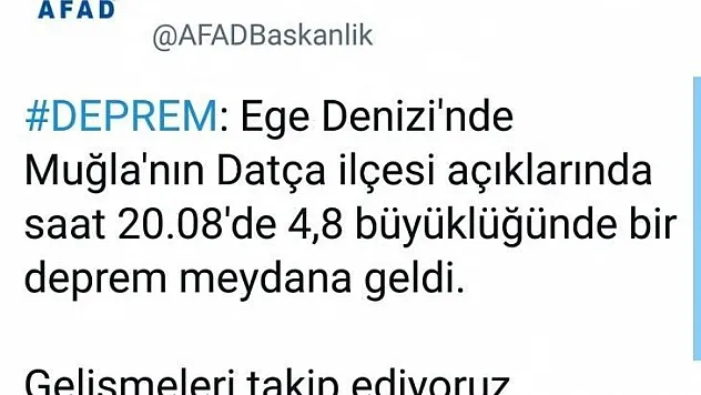DATÇA AÇIKLARINDA 4.8 BÜYÜKLÜĞÜNDE DEPREM