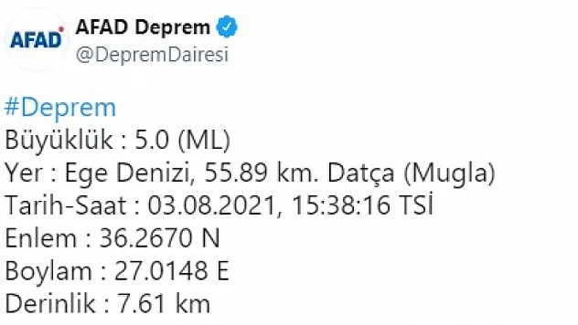 Datça'da 5.0 büyüklüğünde deprem oldu