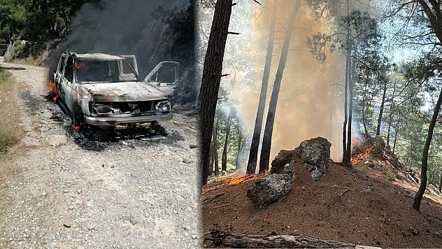 Fethiye'de seyir halindeki araçta çıkan yangın, ormanlık alana sıçradı