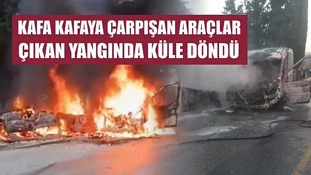Kafa kafaya çarpışan araçlar çıkan yangında küle döndü