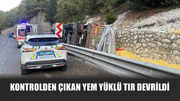 Kontrolden çıkan yem yüklü tır devrildi