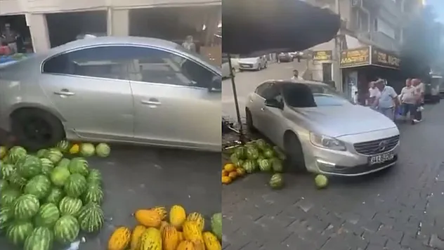 Lüks aracıyla girdiği pazar tezgahını darmadağın etti