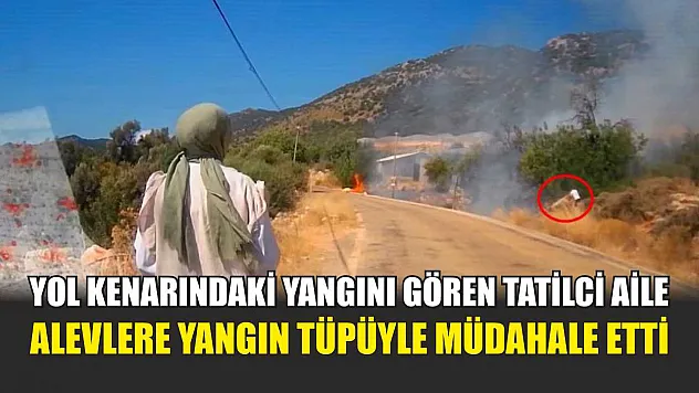 Yol kenarındaki yangını gören tatilci aile alevlere yangın tüpüyle müdahale etti