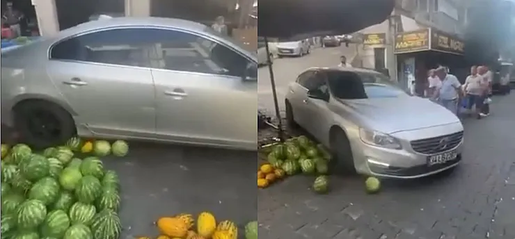 Lüks aracıyla girdiği pazar tezgahını darmadağın etti