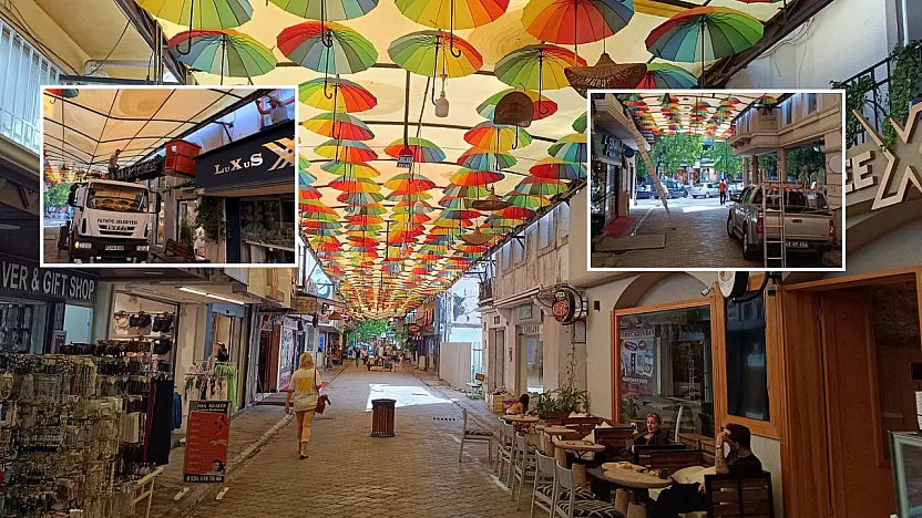 Fethiye'de yağmurun ardından Şemsiyeli Sokak'ta onarım çalışması