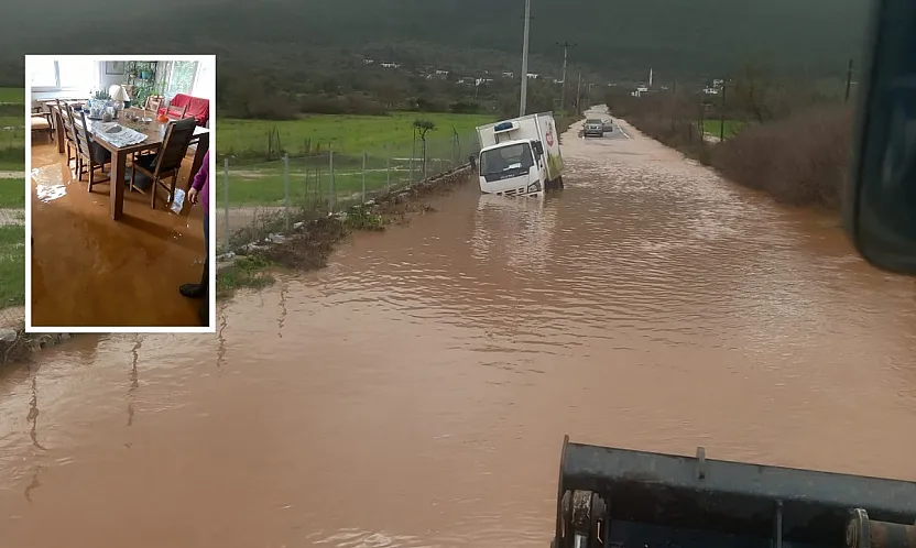 Bodrum'da bir anda bastıran yağmur kamyoneti yolda bıraktı, bir evi su bastı
