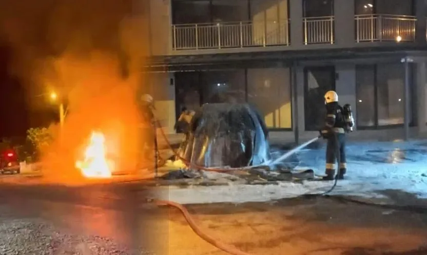 Dalaman'da park halindeki elektrikli araç alev alev yandı