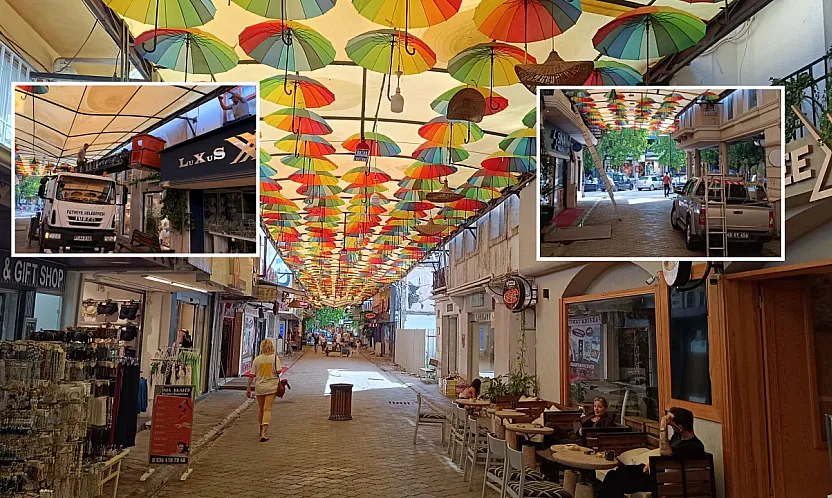 Fethiye'de yağmurun ardından Şemsiyeli Sokak'ta onarım çalışması