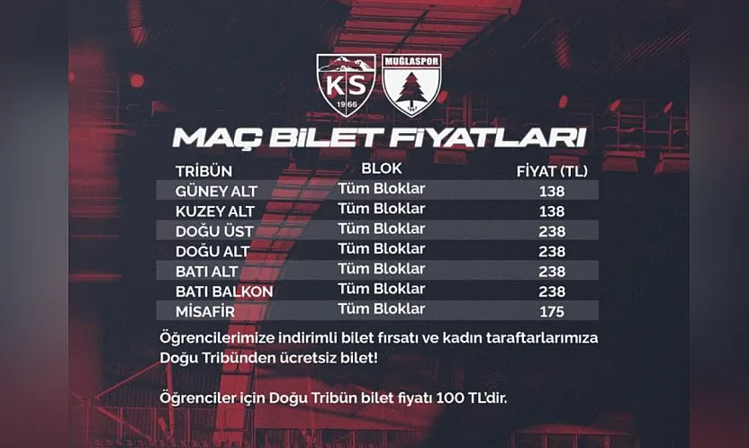 Kayserispor-Muğlaspor maçının bilet fiyatları belli oldu